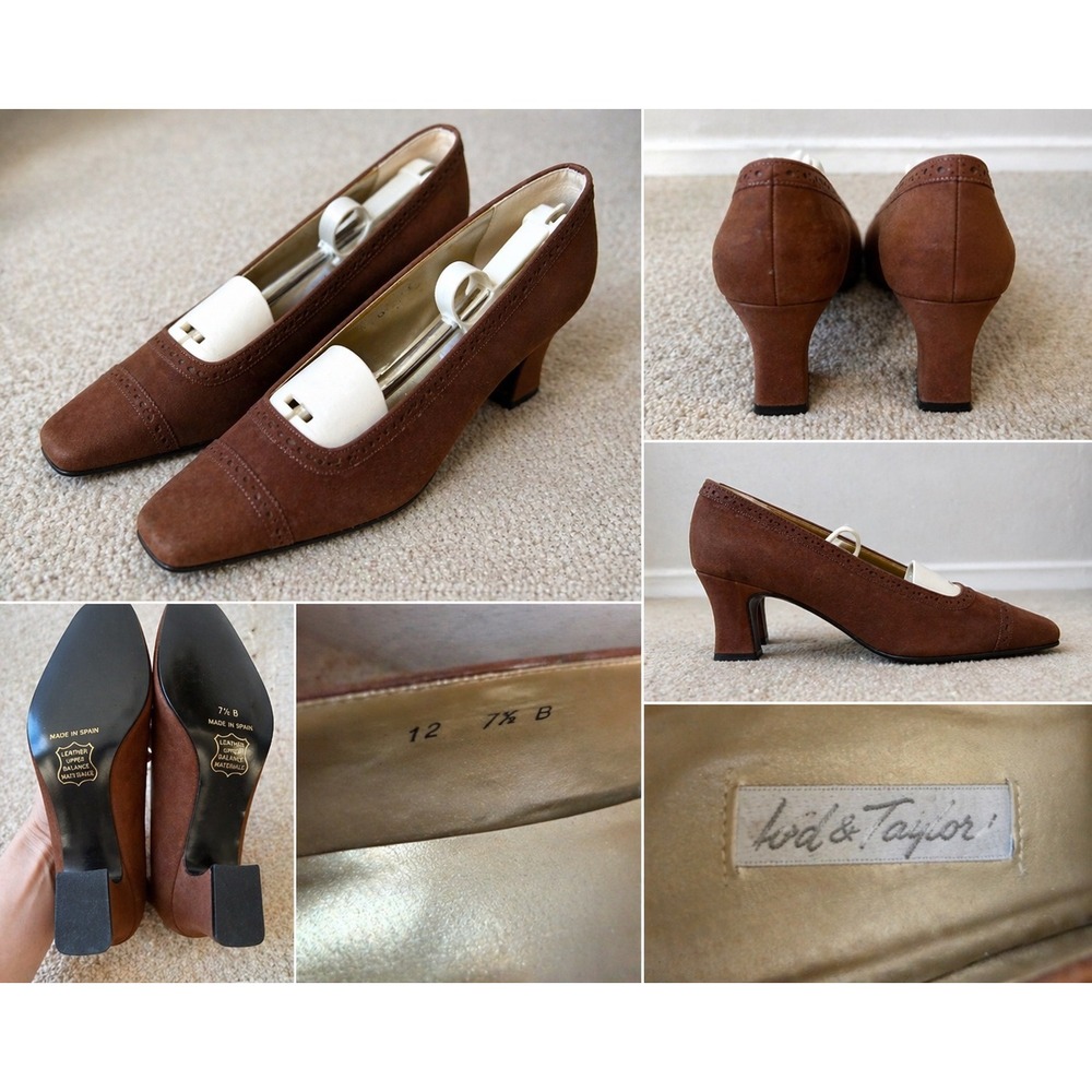 Vintage Brown Suede Brogue Wingtip Block Heel Pumps Made Spain 7.5B